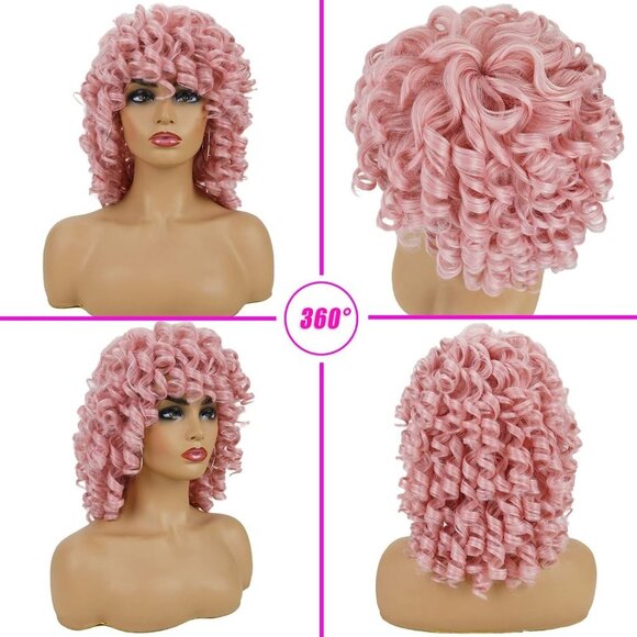 Pink Afro Curly Wig With Bangs - Picture 2 of 3
